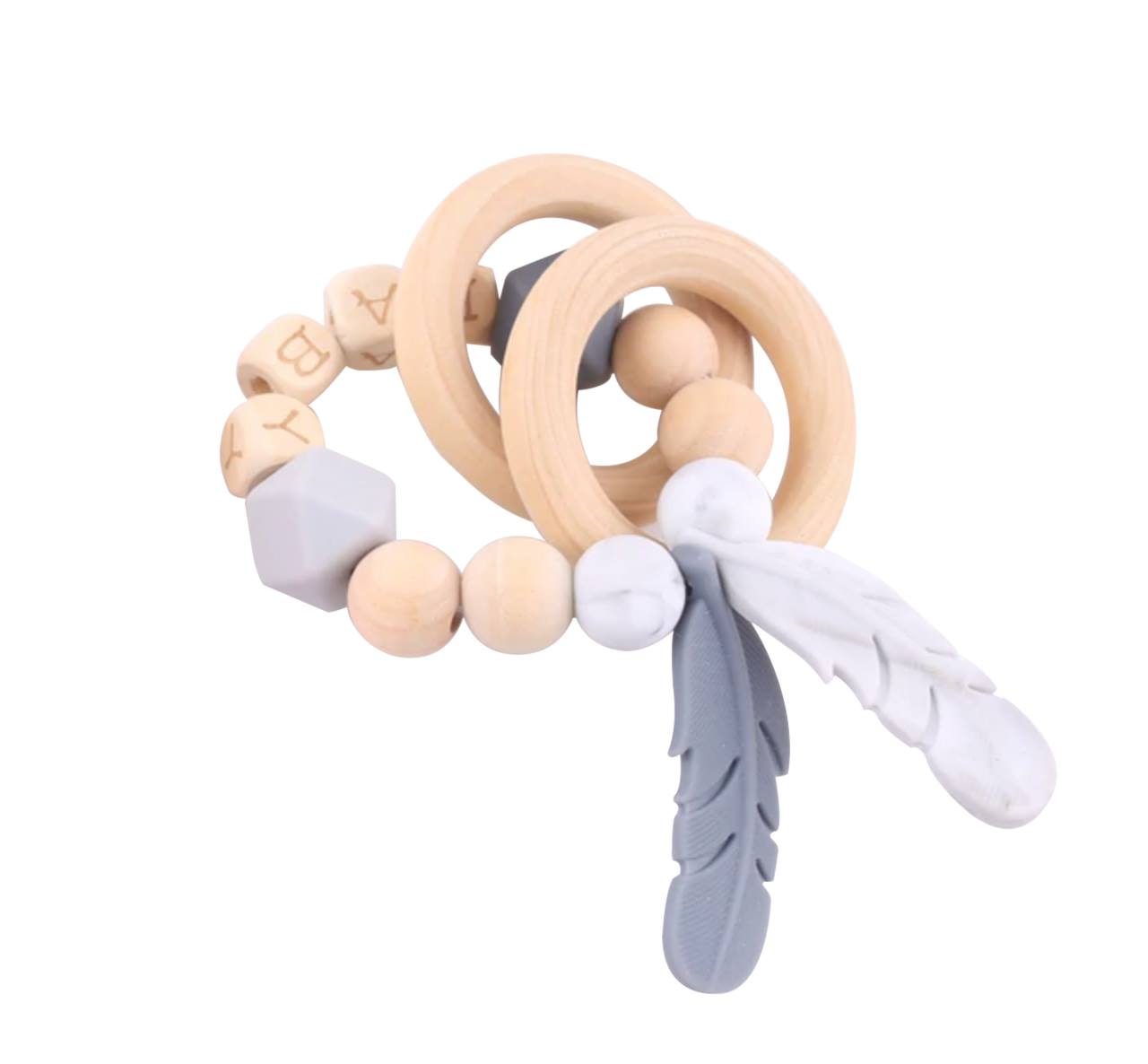 Hochet plumes en bois et silicone