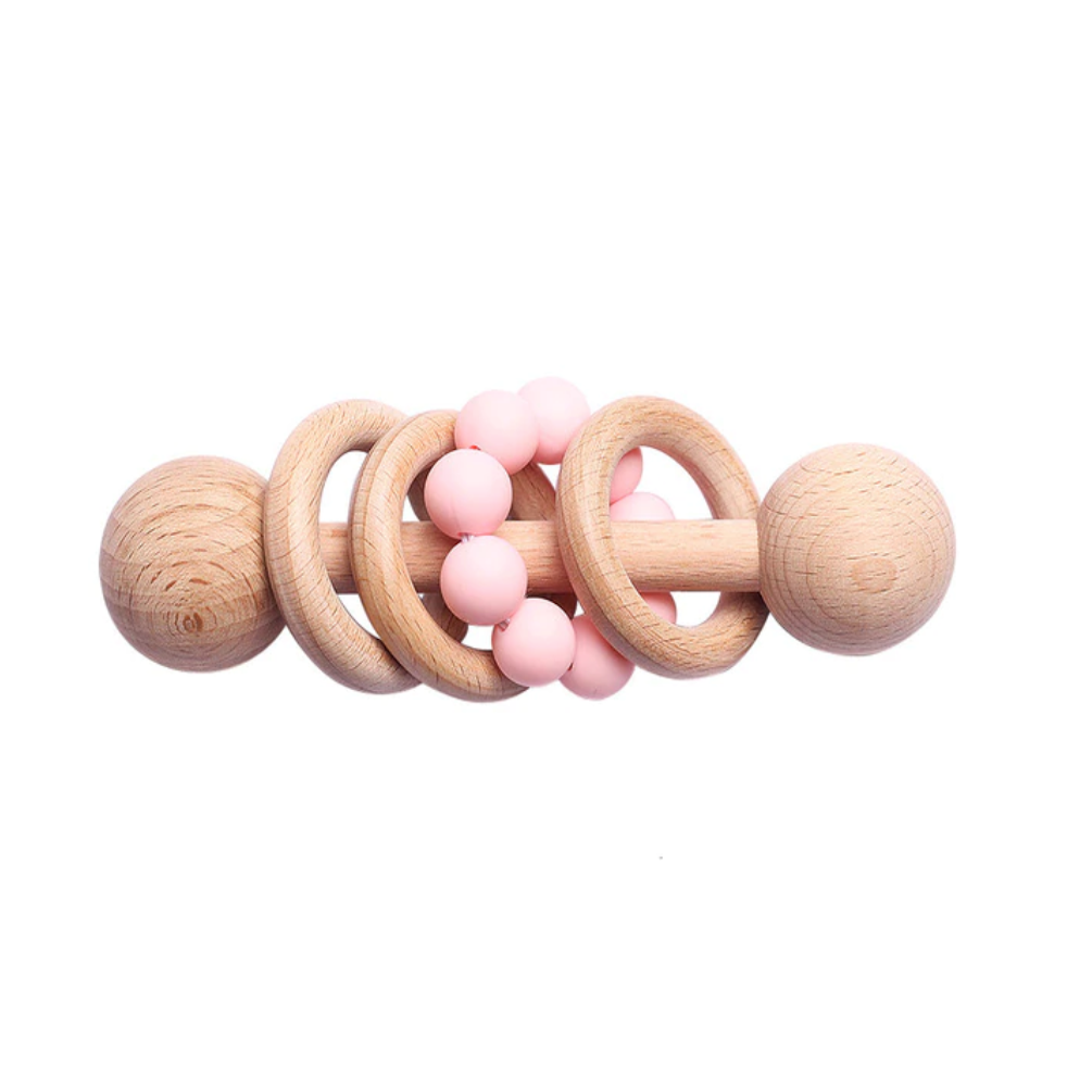 Hochet perles et bois - Rose