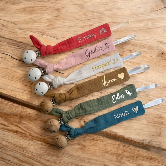 Personalized cotton gauze pacifier clip – Sand