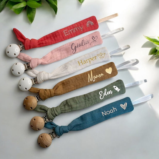Personalized cotton gauze pacifier clip – Sand
