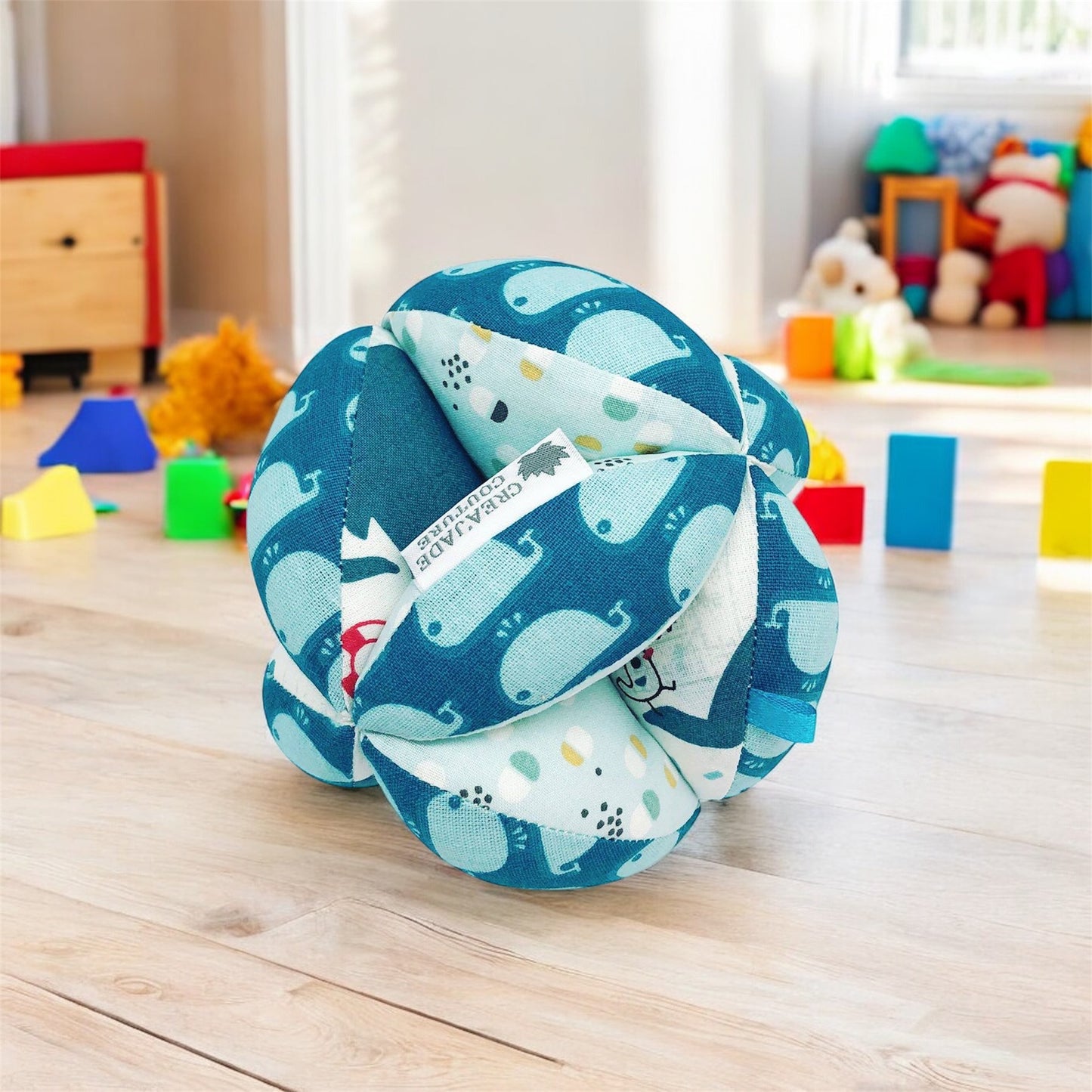 Balle de préhension Montessori - Bleu Baleines