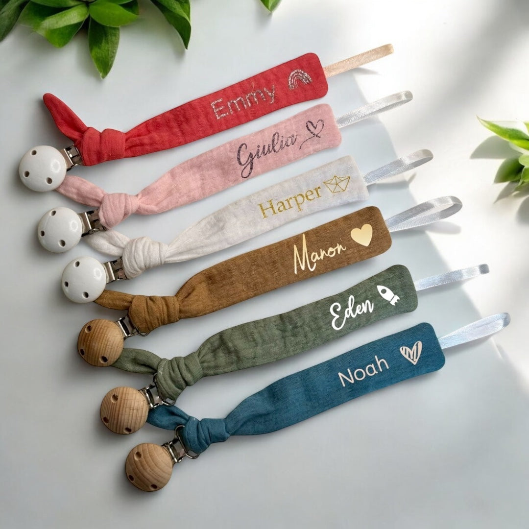 Personalized cotton gauze pacifier clip – Sand