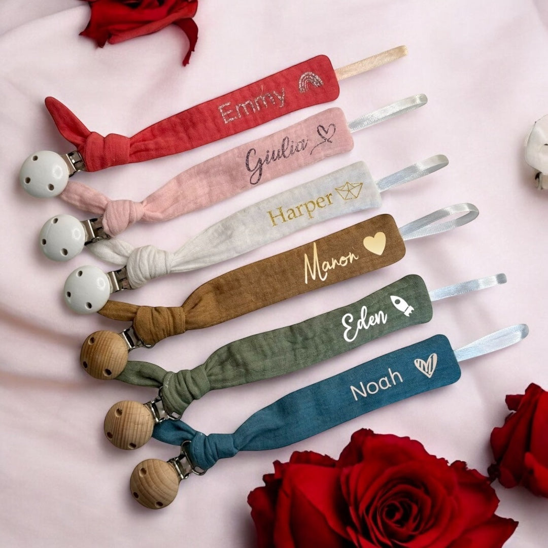 Personalized cotton gauze pacifier clip – Sand