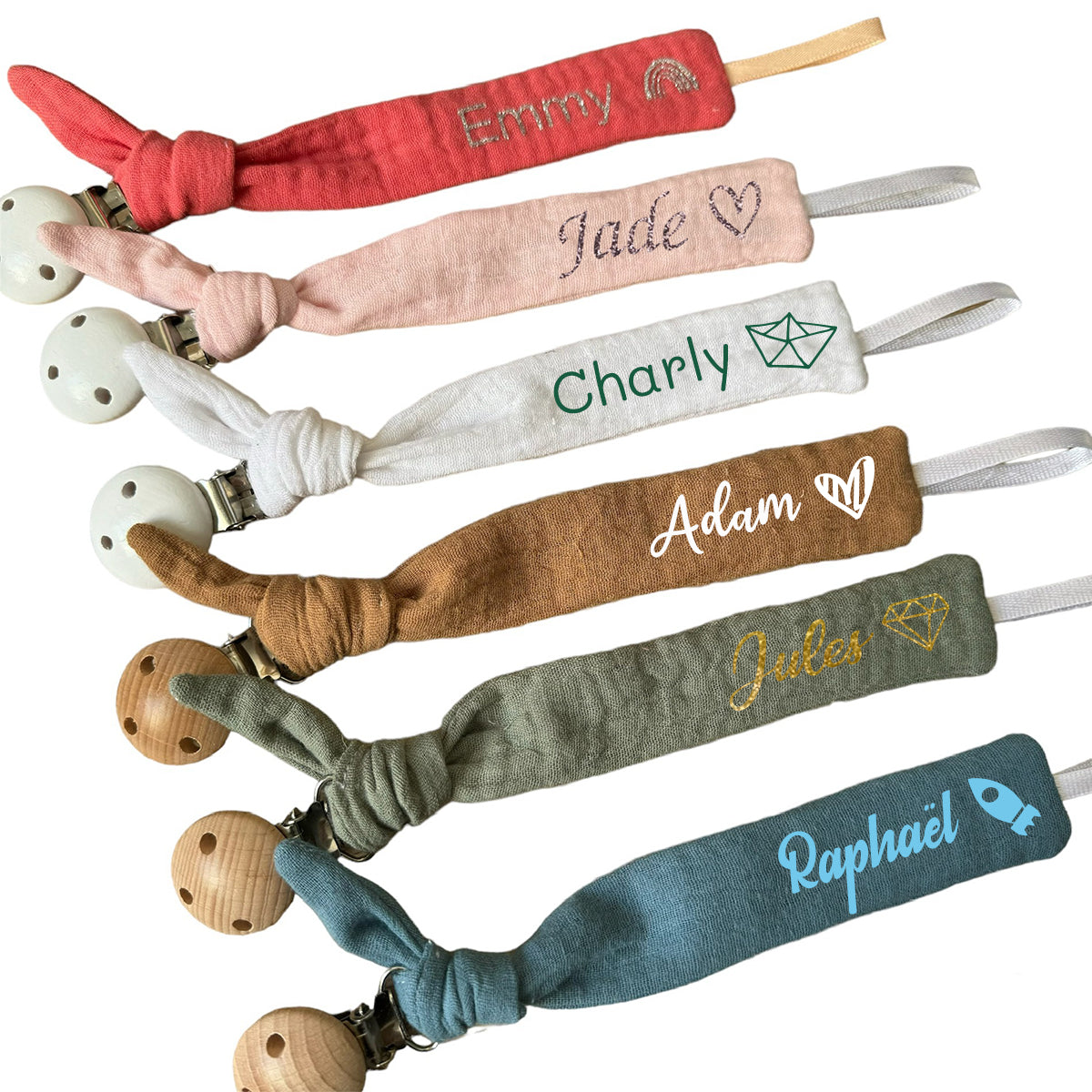 Personalized cotton gauze pacifier clip – Sand